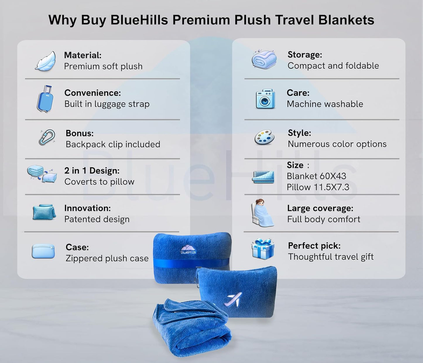 BlueHills Travel Blanket Pillow in Mini Soft Case Premium Plush Airplane Blanket Soft Bag Compact Pack with Luggage Belt and Backpack Clip Small Lightweight Traveling Plane Essentials - Grey Gray M01