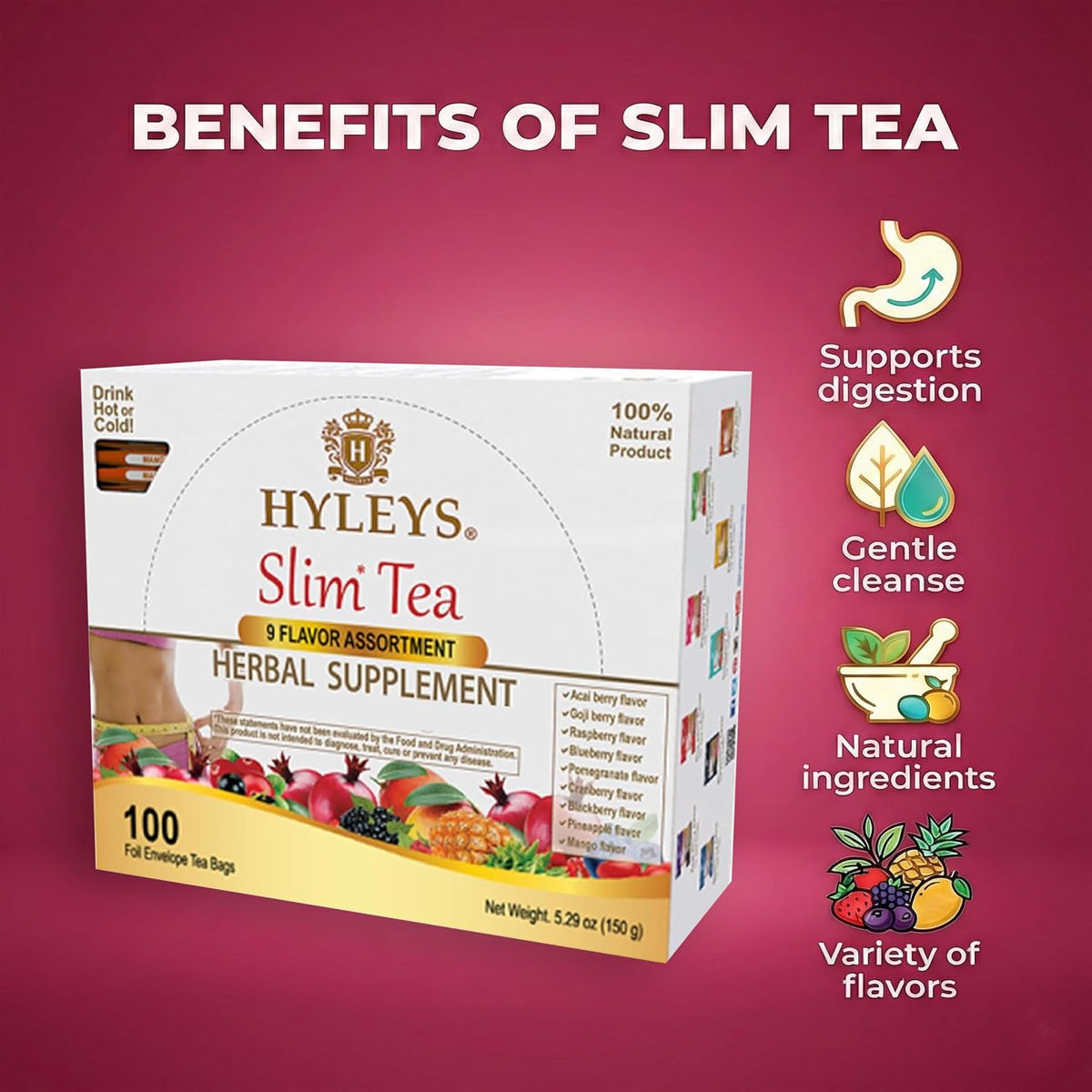 HYLEYS Slim Tea, 9 Flavor Weight Loss Variety Pack, Diet Tea, 100 Bags