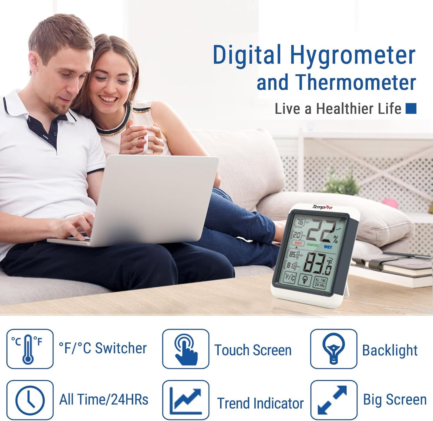 TempPro TP55 Digital Indoor Hygrometer Thermometer, 4-Inch Temperature/Humidity Monitor with Touchscreen and Backlit, Room Thermometer/Humidity Meter for House Home Greenhouse (Previously ThermoPro)