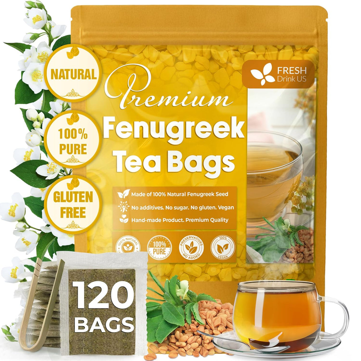 FreshDrinkUS, Premium Fenugreek Tea Bag, 120 Count, Pure, Caffeine Free