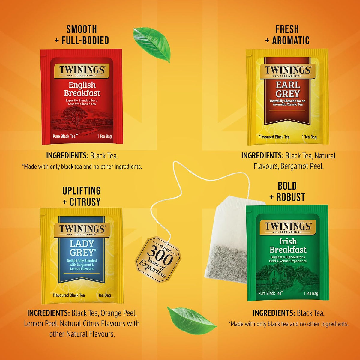 Twinings Variety Pack Black Tea Bags, 20 Count (Pack of 4), Includes English Breakfast, Earl Grey, Irish Breakfast, and Lady Grey, Caffeinated, Enjoy Hot or Iced, 80 Teabags