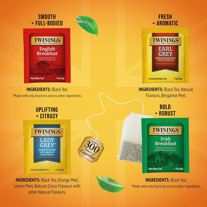 Twinings Variety Pack Black Tea Bags, 20 Count (Pack of 4), Includes English Breakfast, Earl Grey, Irish Breakfast, and Lady Grey, Caffeinated, Enjoy Hot or Iced, 80 Teabags