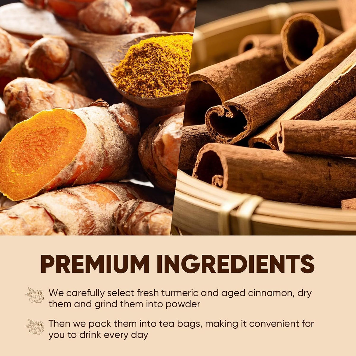 TEAWOO Turmeric Cinnamon Tea, Premium Turmeric Ginger Tea Bags, Natural Ingredients Herbal Tea, No Sugar, No Additives, No Caffeine(60 Bags)