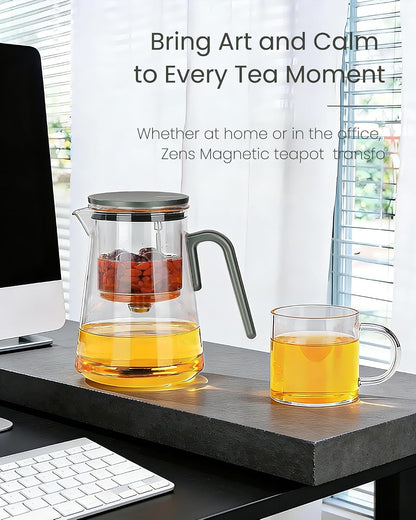 ZENS Magnetic Tea Pot, Enchanted Glass Teapot with Infuser and Magnetic Suction Lid for Mess-Free Loose Tea Diffusers, Walnut Wood Handle, Tea Lovers Gifts