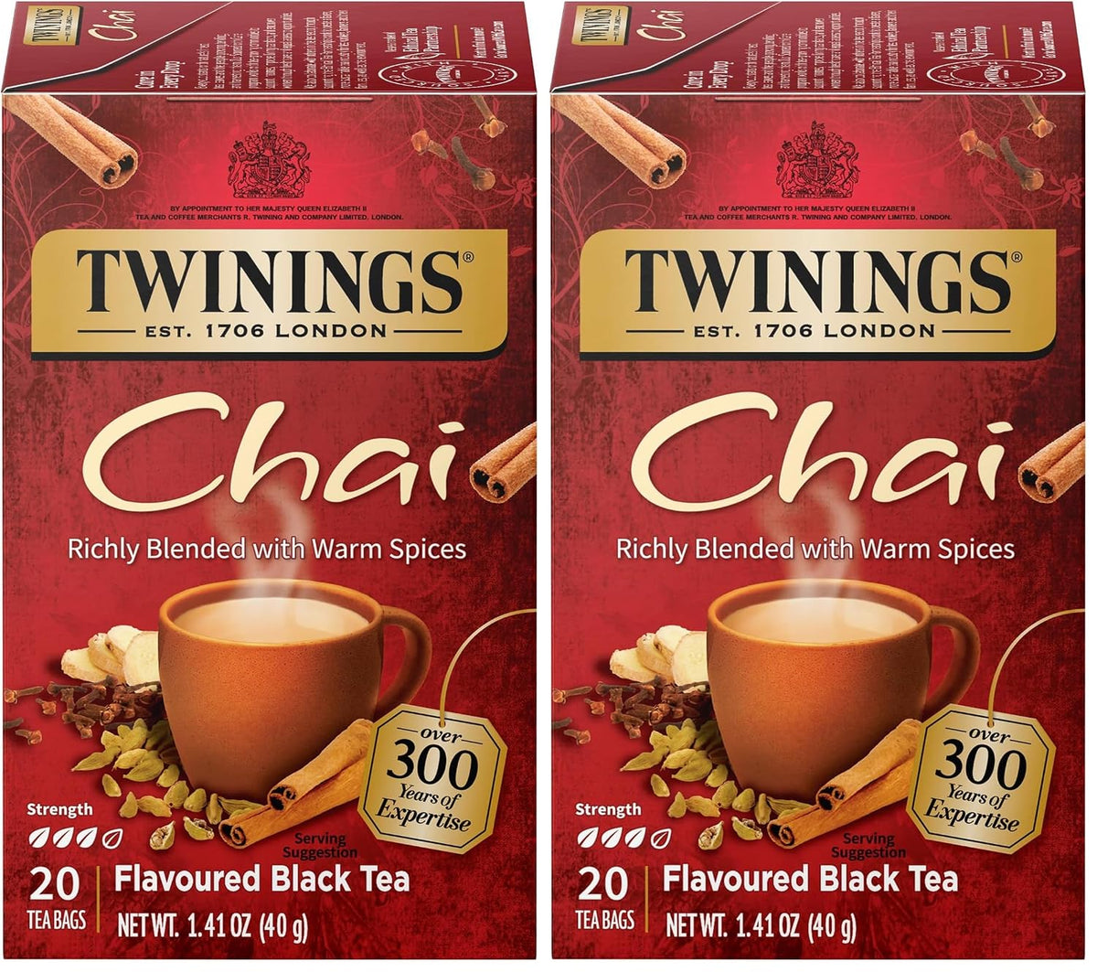 Twinings Chai Black Tea Individually Wrapped Bags, 20 Count (Pack of 2), Sweet, Savoury Spices, Caffeinated, Enjoy Hot or Iced, 20 Teabags