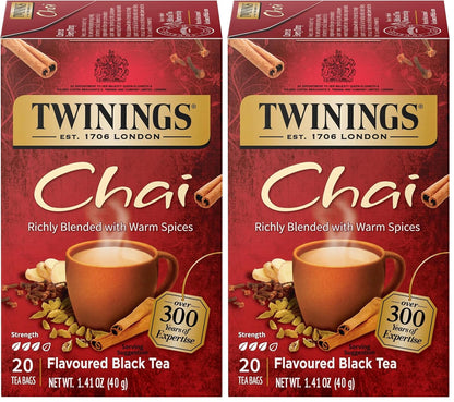 Twinings Chai Black Tea Individually Wrapped Bags, 20 Count (Pack of 2), Sweet, Savoury Spices, Caffeinated, Enjoy Hot or Iced, 20 Teabags
