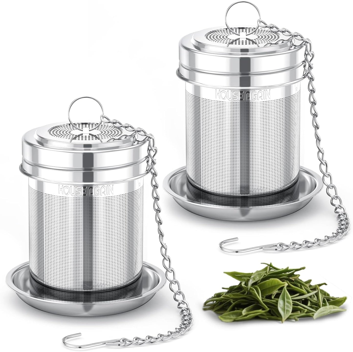House Again 2 Pack Tea Infuser, Extra Fine Mesh Tea Infusers for Loose Tea, 18/8 Stainless Steel Tea Strainer with Extended Chain Hook, Tea Steeper for Brew Tea, Spices & Seasonings