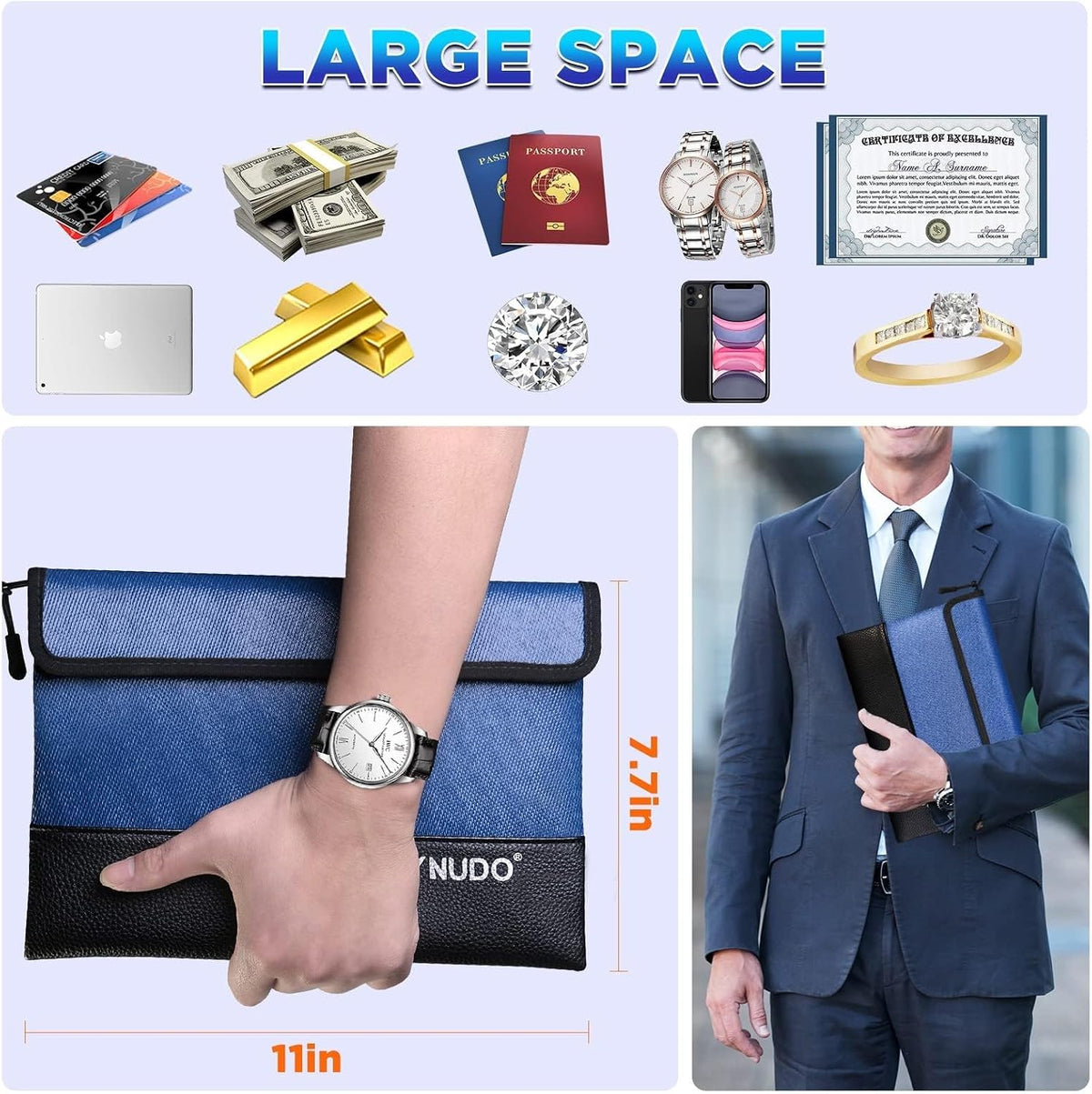 Fireproof Money Bag 2 Pack, Waterproof Document Pouch for Cash & Passport