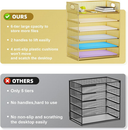 Marbrasse 6 Tier Paper Organizer Letter Tray - Mesh Desk File Organizer with Handle, Paper Sorter Organizer for Letter/A4 Office File Folder Holder - Black