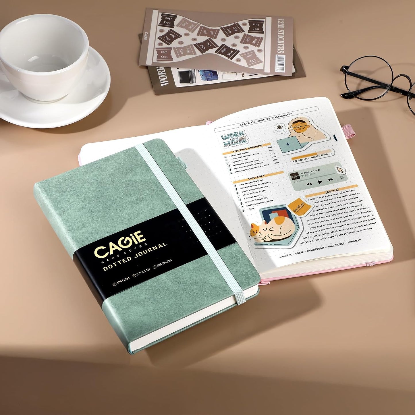 CAGIE Lined Journal Notebook for Women Men 320 Pages 100 Gsm Paper Thick Journaling Notebooks A5 Leather Journals for Writing Hardcover Journal Supplies for Work Note Taking Diary, 5.7x8.3 In, Green