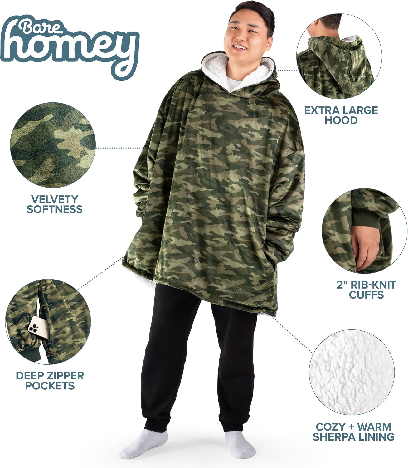 Bare Home Wearable Blanket Hoodie - Soft Plush Sherpa - Warm and Cozy - Oversized Wearable Blanket