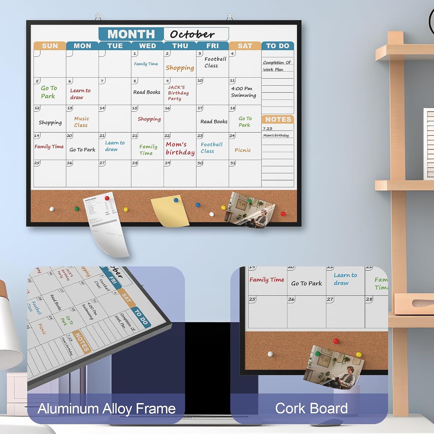 Monthly Calendar Dry Erase Board 16x12 Inch, Double-Sided Whiteboard and Corkboard Combo, Wall Mounted Planner Organizer with Markers, Magnets, Push Pins, Eraser, for Home Office School
