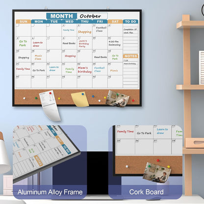 Monthly Calendar Dry Erase Board 16x12 Inch, Double-Sided Whiteboard and Corkboard Combo, Wall Mounted Planner Organizer with Markers, Magnets, Push Pins, Eraser, for Home Office School