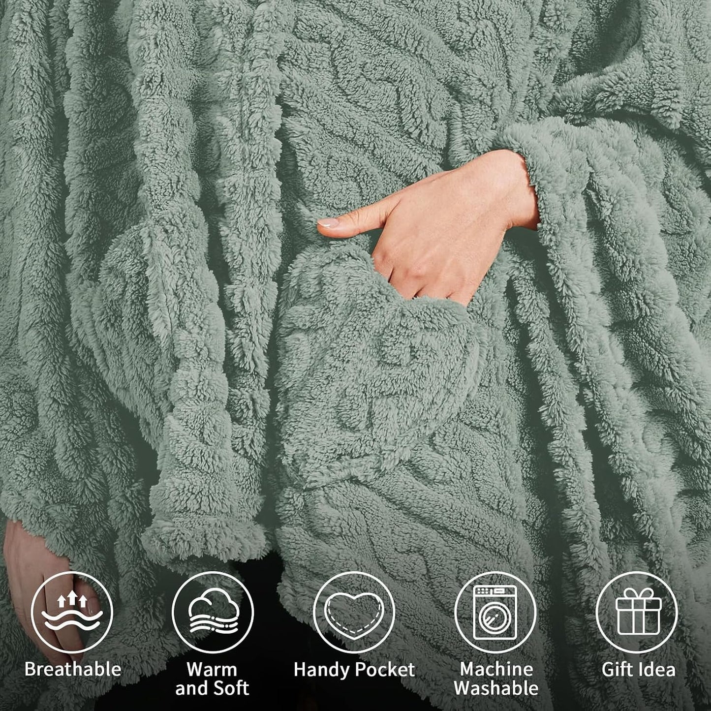 Wearable Blanket Poncho Cape Wrap for Adult, Cozy Sherpa Fleece Pocketed Shawl TV Throw Blankets for Office and Lounge(Purple,58'' x 64'')