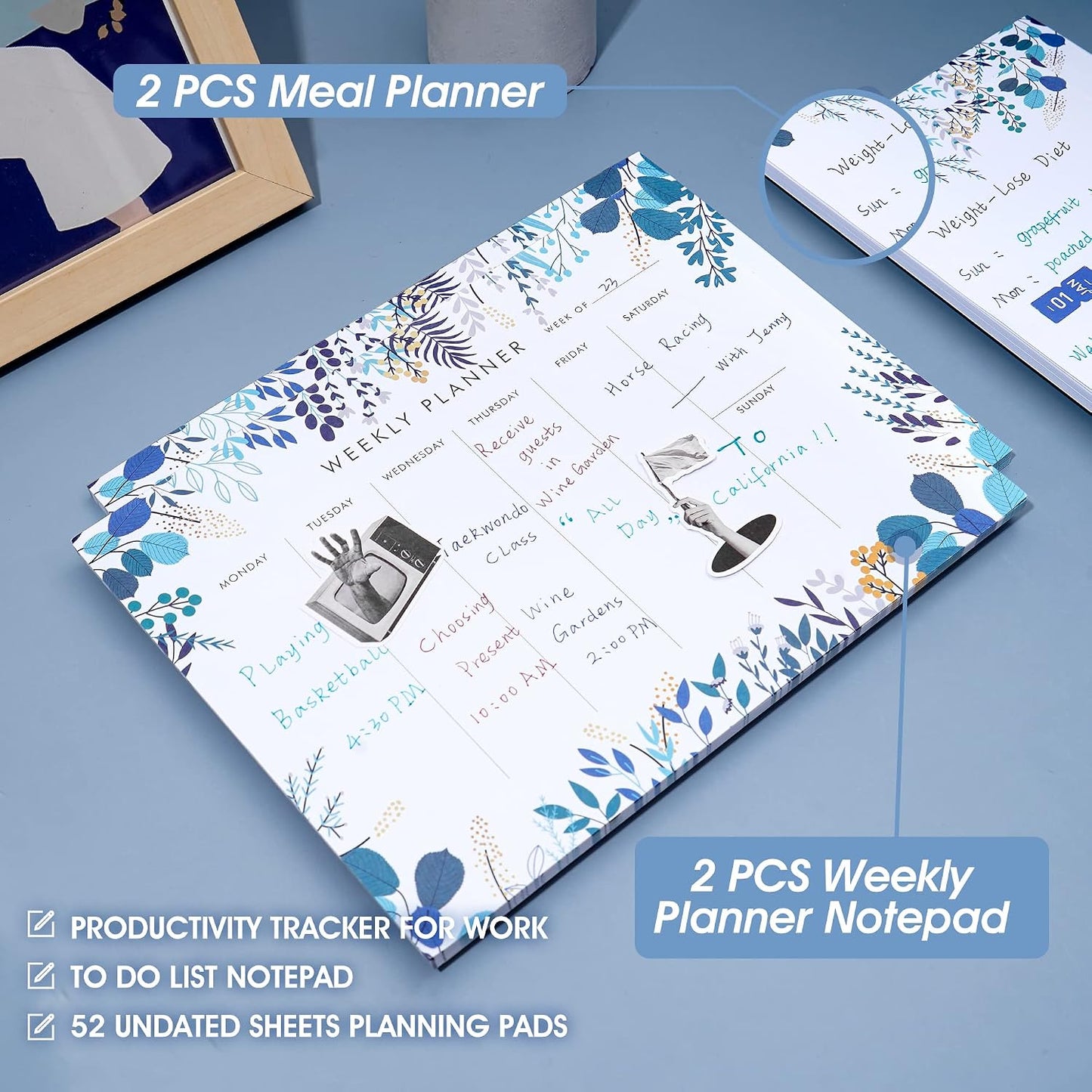 Weekly Planner Notepad Tear Off Set of 2 Weekly Calendar Pad 52 Undated To Do List Notepad Sheets Desk Planner Planning Pads Productivity Tracker for Work Goals Notes Schedule Ideas, Floral Blue