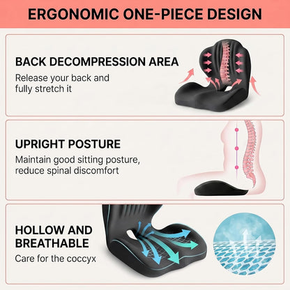 Ergonomic Waist Support and Seat Cushion, 2-in-1 Memory Foam Pad, Hollow Design for Coccyx, Suitable for Office Chairs, Car Safety Seats and Household Use - Relieves Lower Back and Hip Pain (Grey)