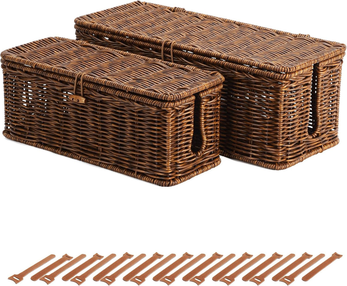 Cable Management Box, Cord Organizer with Lid & Cable Ties - Brown, L