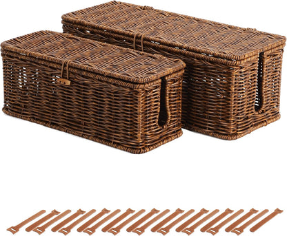 Cable Management Box, Cord Organizer with Lid & Cable Ties - Brown, L