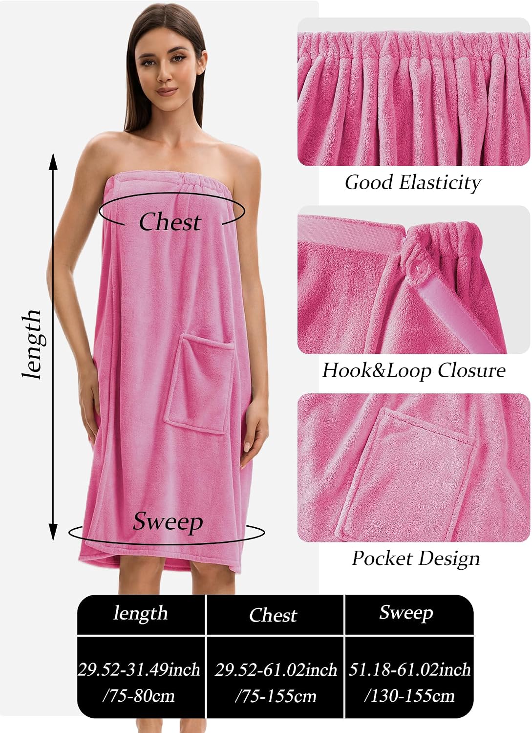 Towel Wrap For Women After Shower，Plush Bath Robe Female，Sauna Spa Wrap Around Towels With Pockets