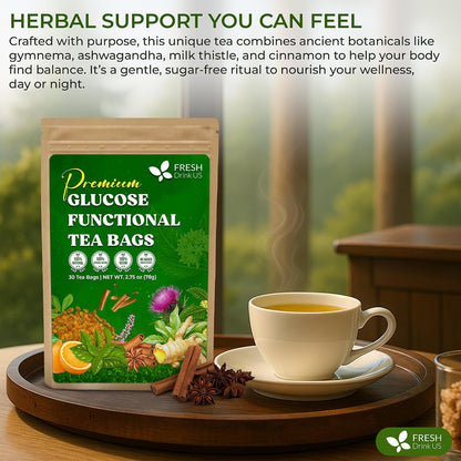 FreshDrinkUS, Premium 75 Tea Bags Glucose Functional Tea – Herbal Blend with Gymnema, Cinnamon, Bitter Melon, Tulsi & More –– Caffeine-Free. Sugar-Free. Gluten-Free. Vegan