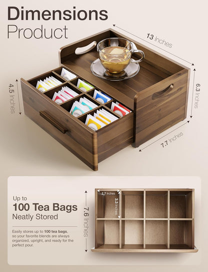 TINAMO Acacia Wooden Tea Box Organizer with Drawer for Tea & Coffee Storage