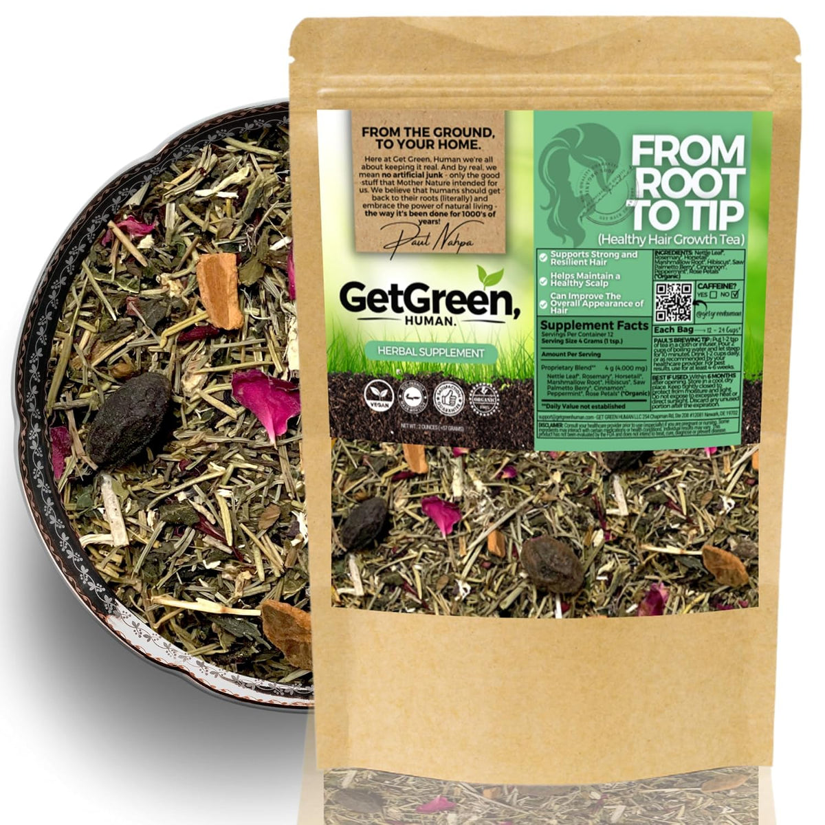 Healthy Hair Growth Loose Leaves Tea w/ Horsetail, Nettle Leaf, Rosemary For Strong Resilient Hair & Scalp | Organic Herbal Tea | 2 oz (57 gram) | Decaf, Vegan, Healthy, No Caffeine, Herbs, ZERO