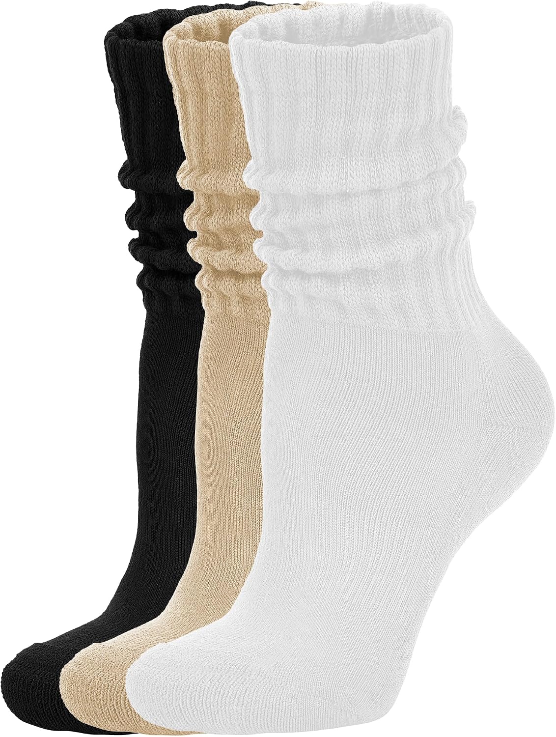 AugRing Women's Scrunch Crew Socks Retro 3-Pack Solid Cotton Boot Calf Chunky Ribbed Cozy Slouchy Socks Size 5-11