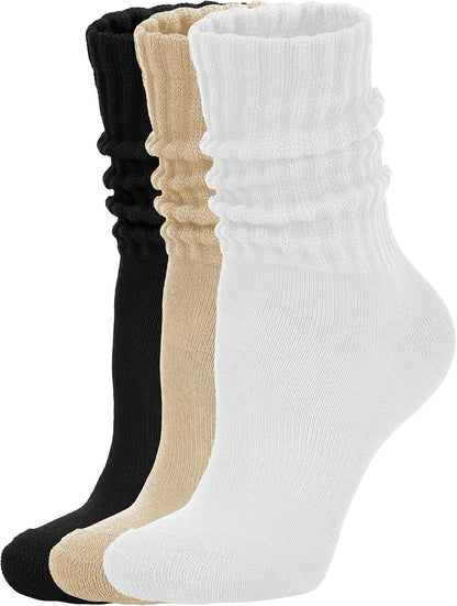 AugRing Women's Scrunch Crew Socks Retro 3-Pack Solid Cotton Boot Calf Chunky Ribbed Cozy Slouchy Socks Size 5-11
