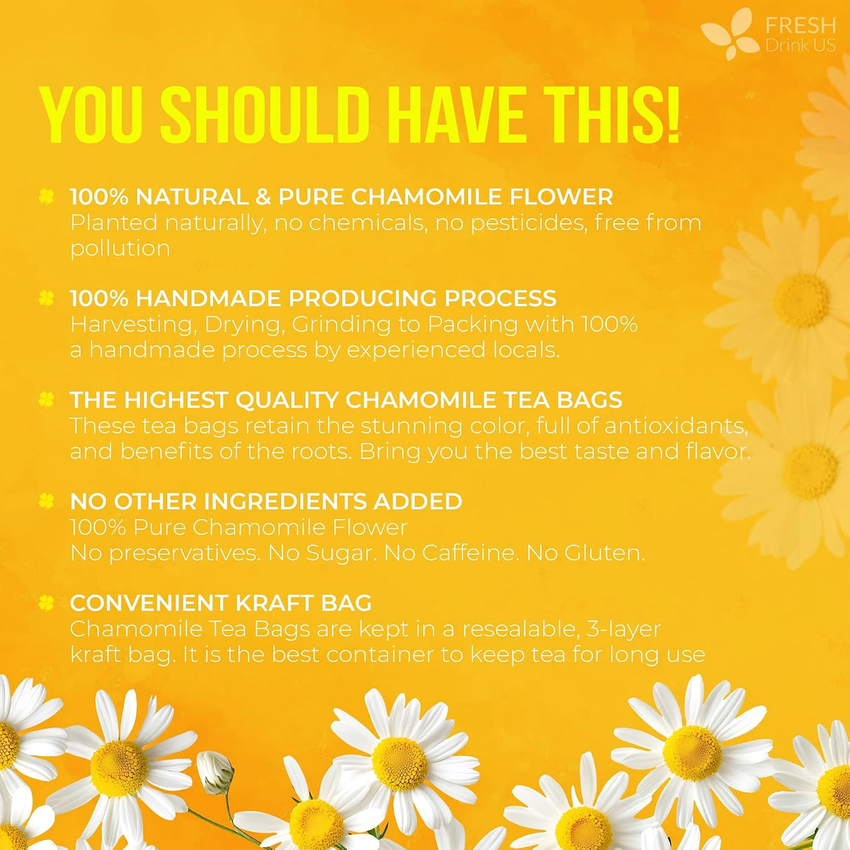 FreshDrinkUS, 135 Chamomile Tea Bags, 100% Natural and Pure Chamomile Flowers, Eco-Conscious Tea Bags. Chamomile Flower Herbal Tea. No Sugar, No Caffeine, No Gluten, Vegan.