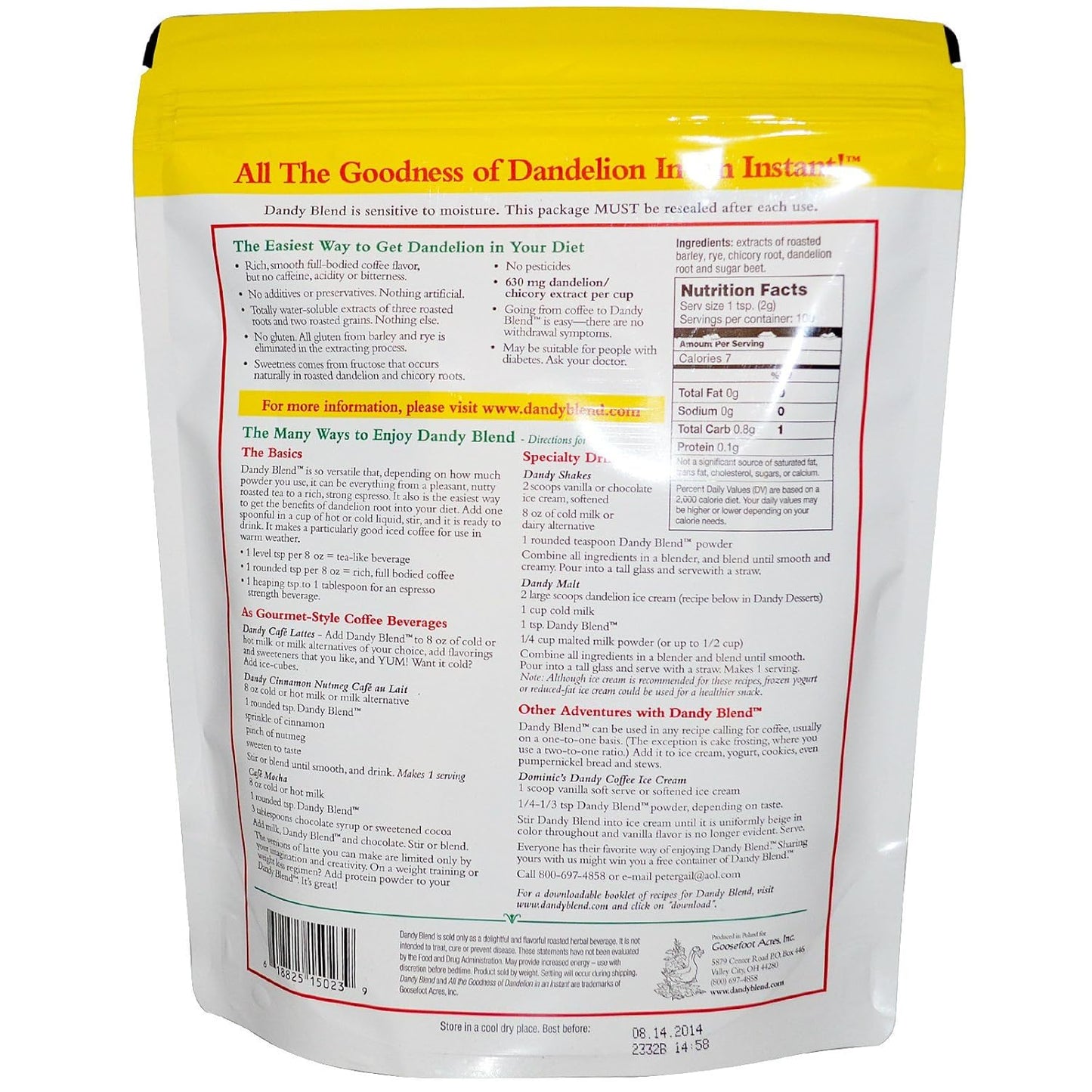 454 Cup Bag of Original Dandy Blend Instant Herbal Beverage with Dandelion, 32 oz. (2 pounds 908g) Bag