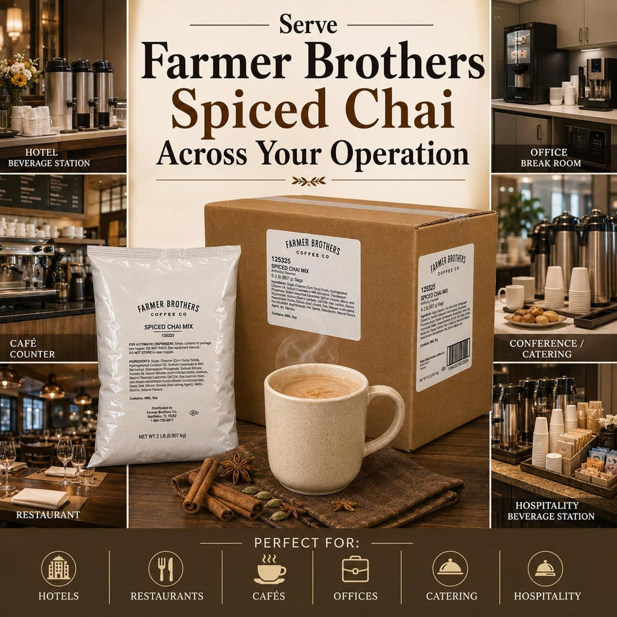 Farmer Brothers Spice Chai Tea Latte Powder Mix, 2 lb Bags (Case of 6)