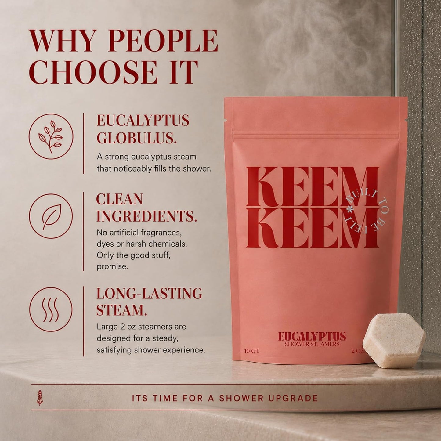 Keem Keem Eucalyptus Shower Steamers, 10 Count, 2 oz Tablets | Powerful scent for stuffy feeling days