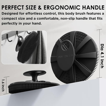 INNERNEED Food-Grade Soft Silicone Body Scrubber Shower Brush Handheld Cleansing Skin Brush, Gentle Exfoliating and Lather Well (Dark Green)