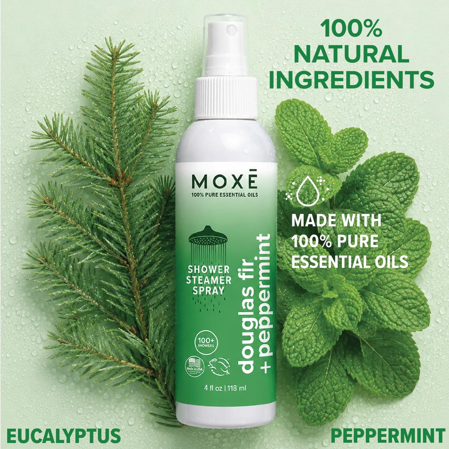 MOXĒ Eucalyptus Oil Shower Mist, Spa Steam Spray, Certified Natural 100% Essential Oils, Made in USA, Aromatherapy, Sinus Congestion Relief, Tension Relief, 4 Ounces