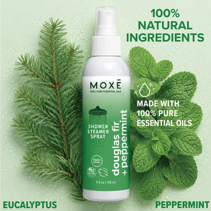 MOXĒ Eucalyptus Oil Shower Mist, Spa Steam Spray, Certified Natural 100% Essential Oils, Made in USA, Aromatherapy, Sinus Congestion Relief, Tension Relief, 4 Ounces