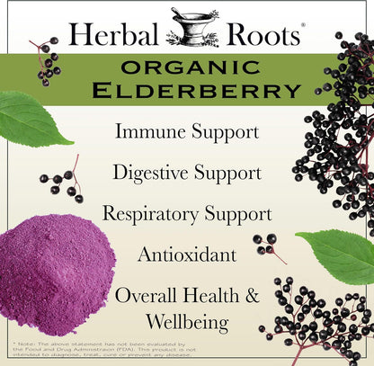 Herbal Roots Organic Black Elderberry Capsules - Max Strength - USDA Certified Organic - Immune Support - 60 Vegan Capsules