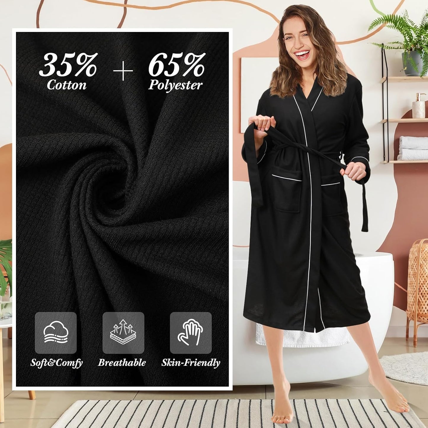 Cuffbow Cotton Robe for Women or Men Lightweight Waffle Knit Bathrobe Couple V Neck Spa Sleepwear(just 1 Set)