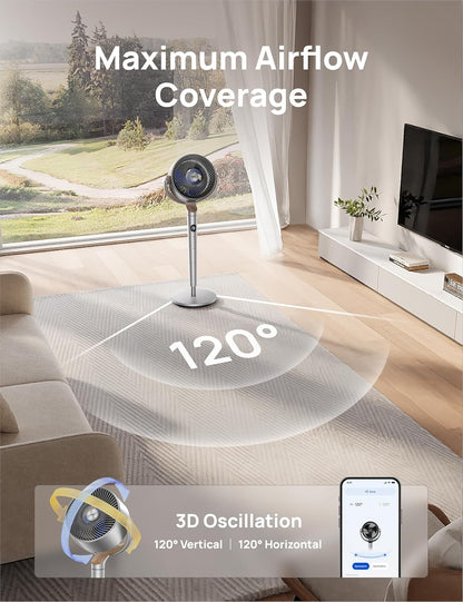DREO Smart Fan for Bedroom, 120° +120° Omni-Directional Oscillating Fans, 100ft Quiet Pedestal Fan with RGB Light, 9 Speeds, 6 Modes, 20dB, 8H Timer, Wi-Fi/Voice/Alexa, 35-40" Floor Fans with Remote