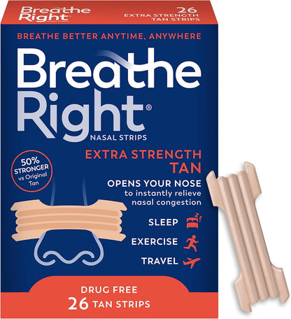 Breathe Right Nasal Strips, Extra Strength Tan Nose Strips, Drug-Free Nasal Congestion Relief for Better Breathing, Help Relieve Snoring, Caused by Colds & Allergies, Deviated Septum, 26ct