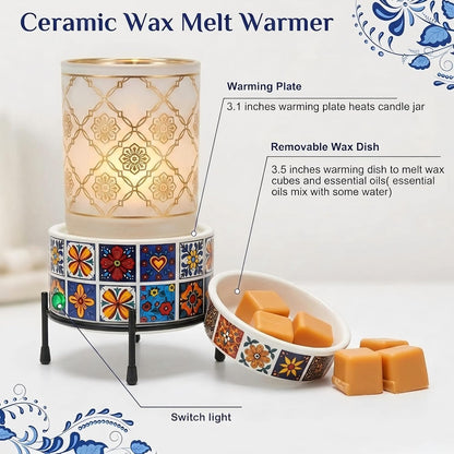 NAFANG Blue & White Porcelain Pattern Wax Melt Warmer,Ceramic 3-in-1 Electric Candle Wax Warmer for Scented Wax Melter Oil Burner for Home Office Bedroom Gift & Decor (with KD Iron Shelf)