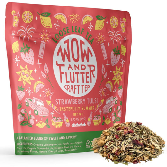 Wow and Flutter Strawberry Tulsi Loose Leaf Herbal Tea Caffeine-Free 1.75oz