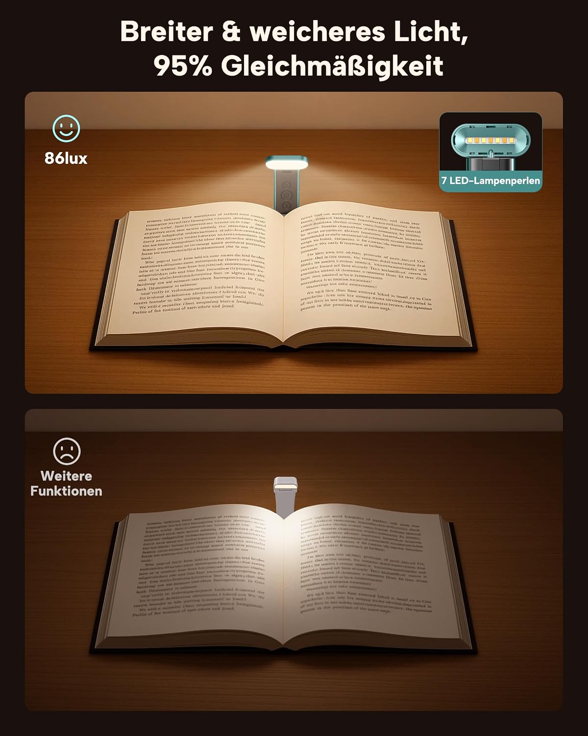 86lux Book Light, Rechargeable Reading Light for Book in Bed