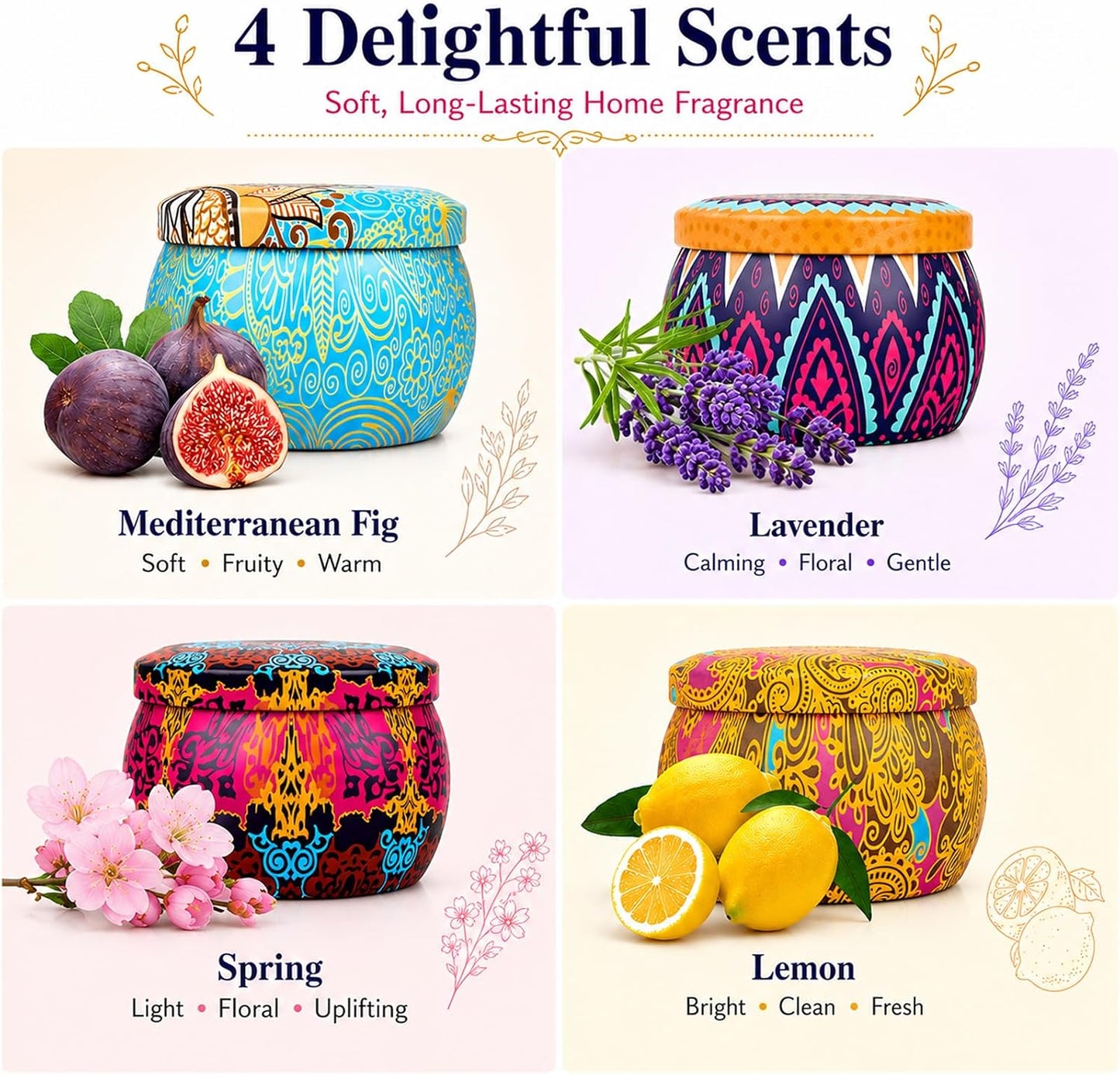 Scented Candles Gift Set for Women, 4 Pack Soy Wax Candles in Classic Bohemian Tins, Aromatherapy Candle Set, Birthday Gifts for Mom, Thank You Gifts