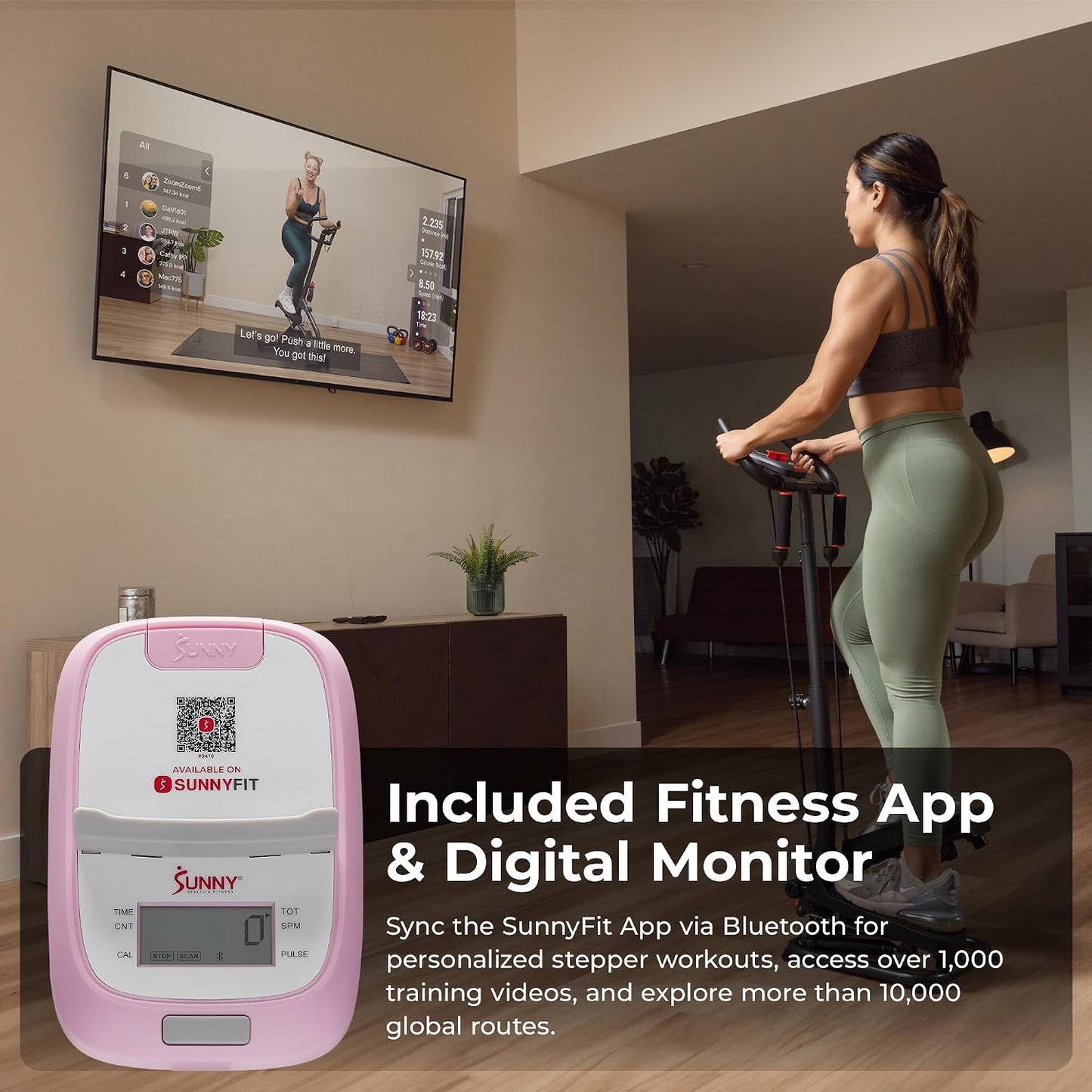 Sunny Health & Fitness Total Body 2-in-1 Smart Stepper Machine for Home with Handlebar and Resistance Bands