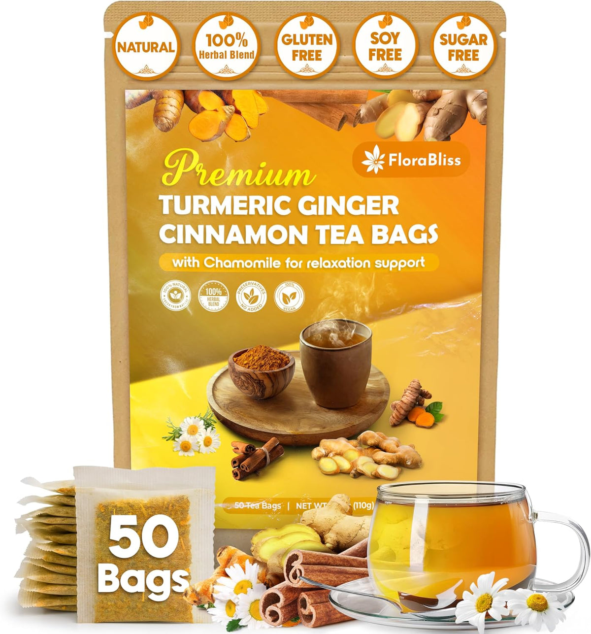 FloraBliss 50 Bags Turmeric, Ginger, and Cinnamon Tea. Added Chamomile