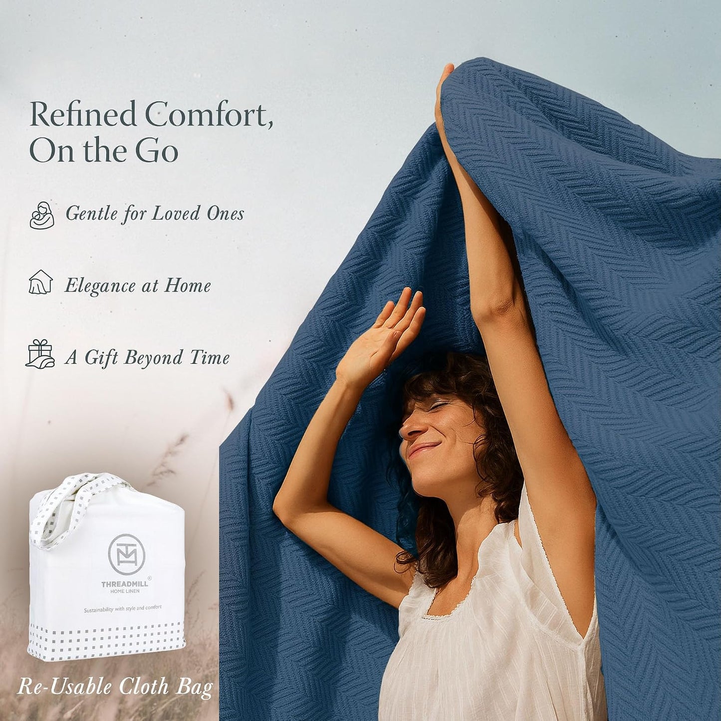 Threadmill Travel Blanket Cotton Viscose from Bamboo - Airplane Premium Soft Flight Grey Throw Blanket in Cloth Bag (Grey Color) Compact & Portable Blanket for Travel, Car, Picnic & Camping