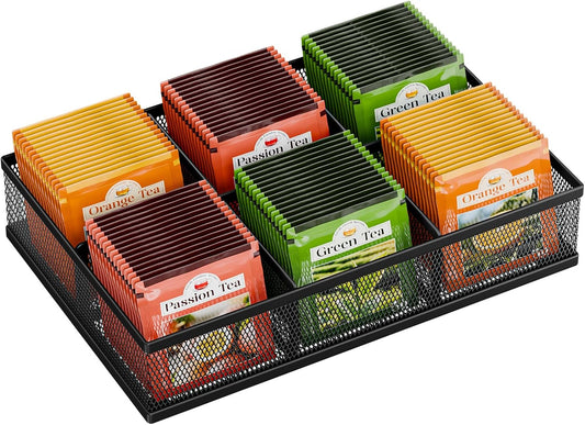 2 Tier Tea Bag Organizer, Mesh Tea Bag Holder with Handle, Teabag Holder, Tea Station Organizer for Countertop, Pantry, Kitchen, Cabinet -Black