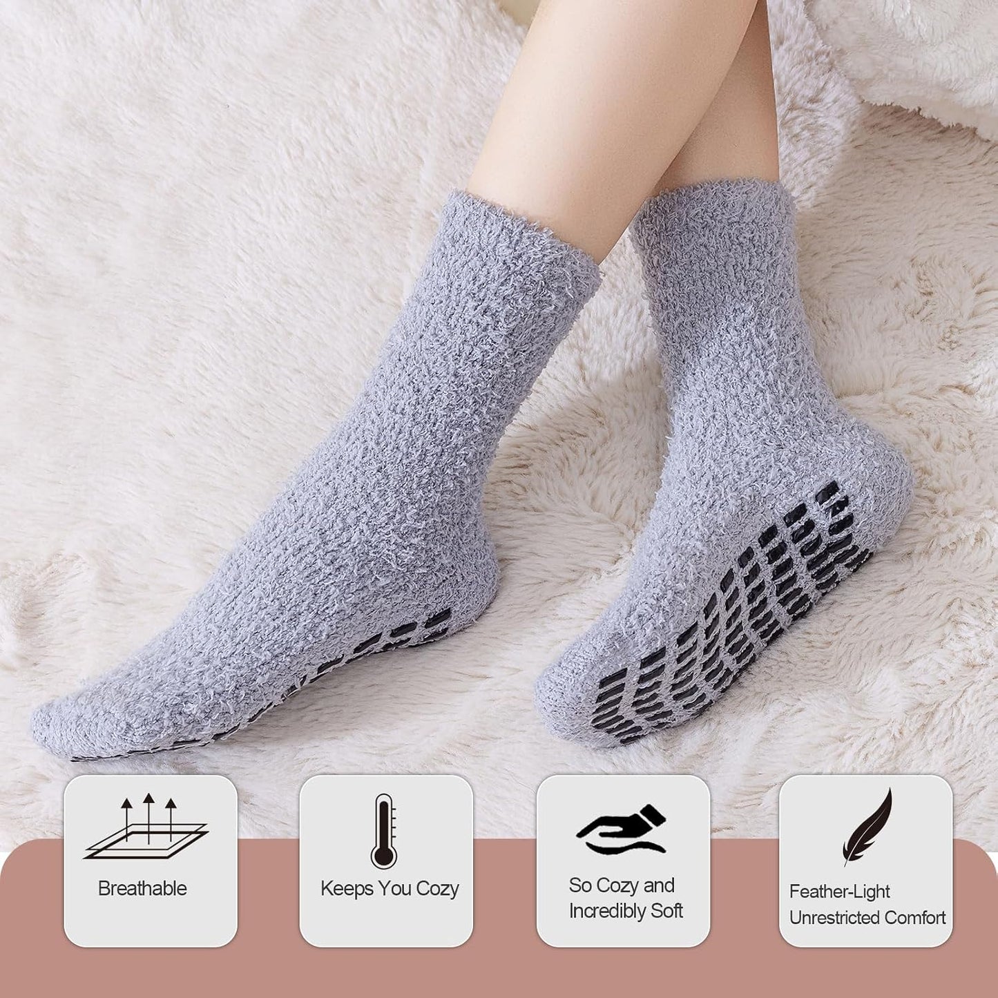 5 Pairs Fuzzy Socks with Grips for Women, Non Slip Cozy Fluffy Soft Socks, Winter Sleep Slipper Hospital