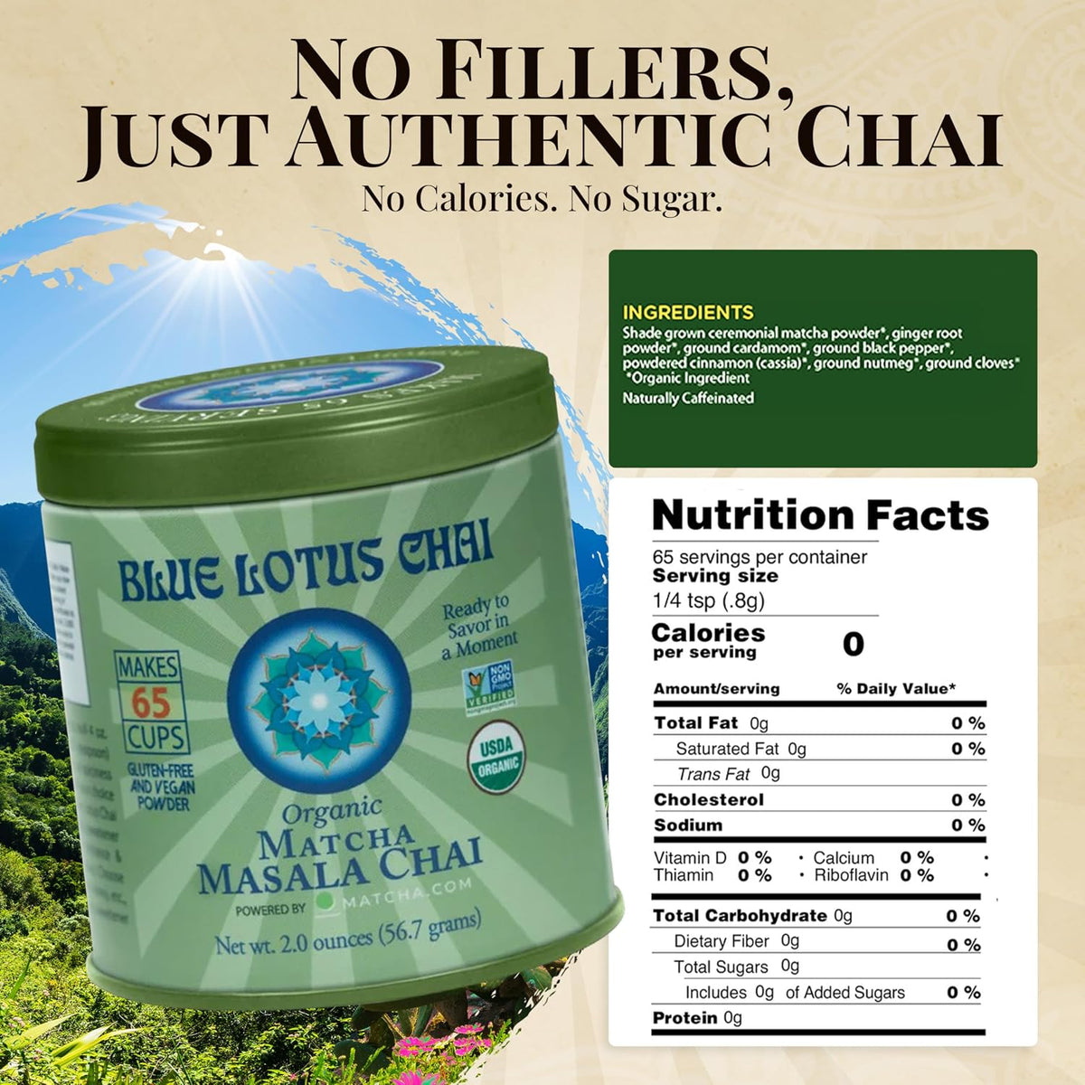 Blue Lotus Chai - Rooibos Flavor Masala Chai - Makes 65 Cups - 2 Ounce Masala Spiced Chai Powder with Organic Spices - Instant Indian Tea No Steeping - No Gluten