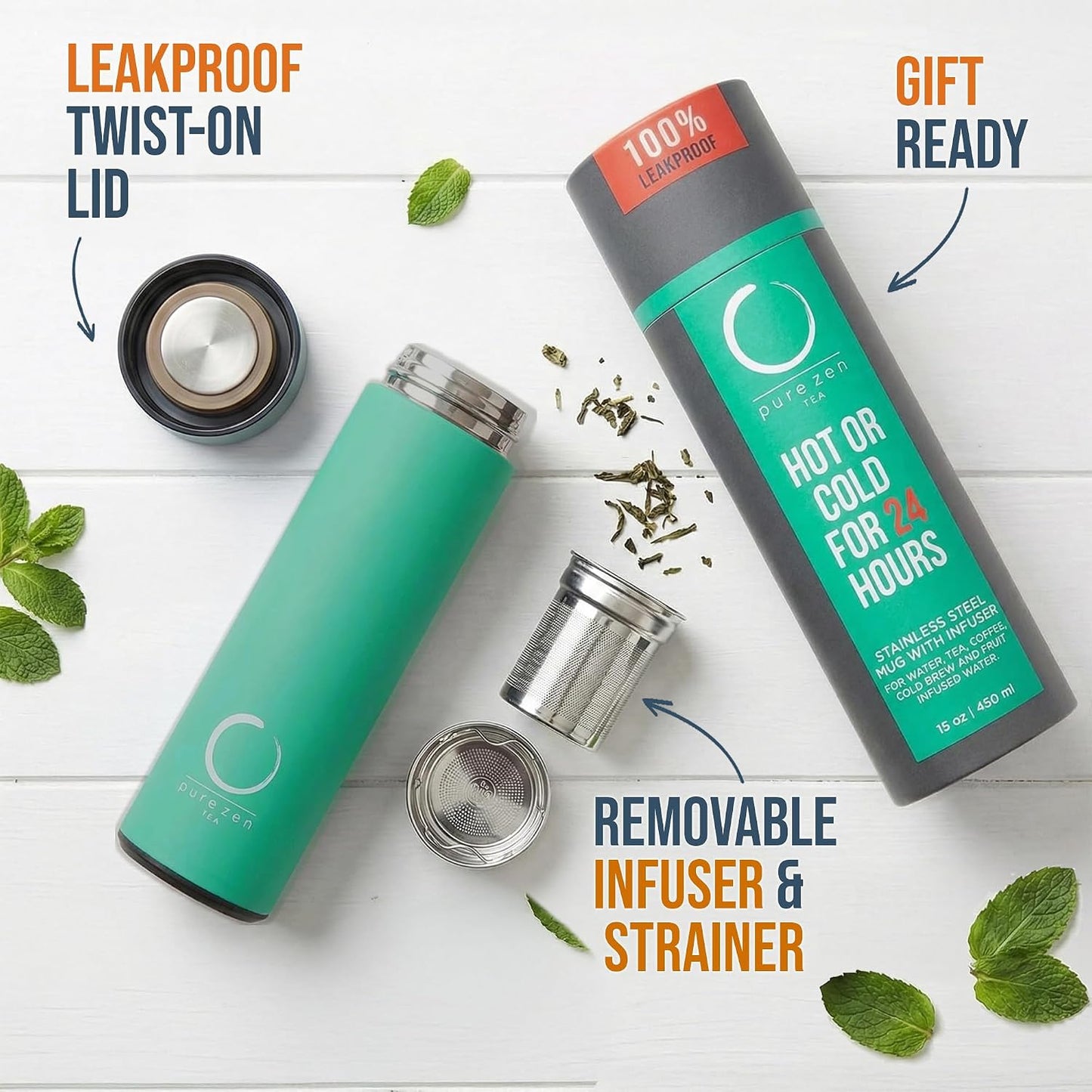Pure Zen Tea Thermos with Infuser for Hot and Cold Infusions - Stainless Steel - Tea Infuser Bottle - Leakproof Travel Mug with Filter - 15oz - Blue